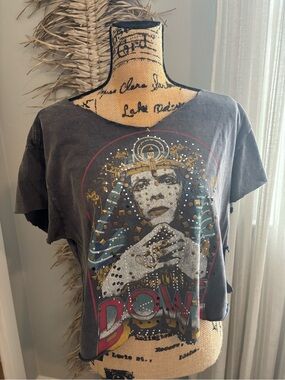 Lucky Brand Black Graphic Bowie Tee with Pink Print and Gold Studs
